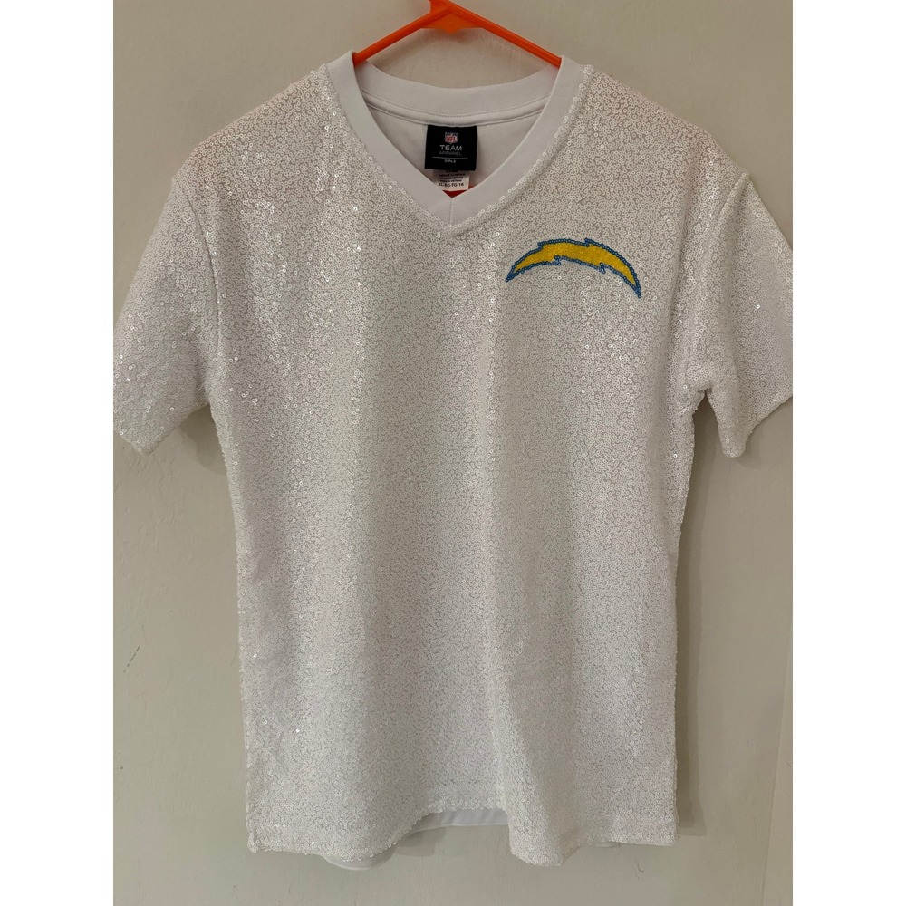 Girls NFL Team Apparel Los Angeles Chargers Sequin V-Neck Top -Size XL (16) NWOT